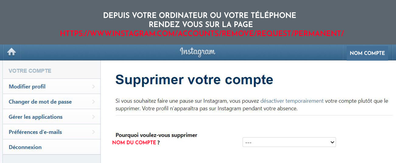 supprimer compte Instagram